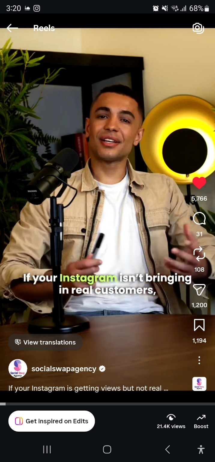 Social Swap Agency reel with visible engagement metrics